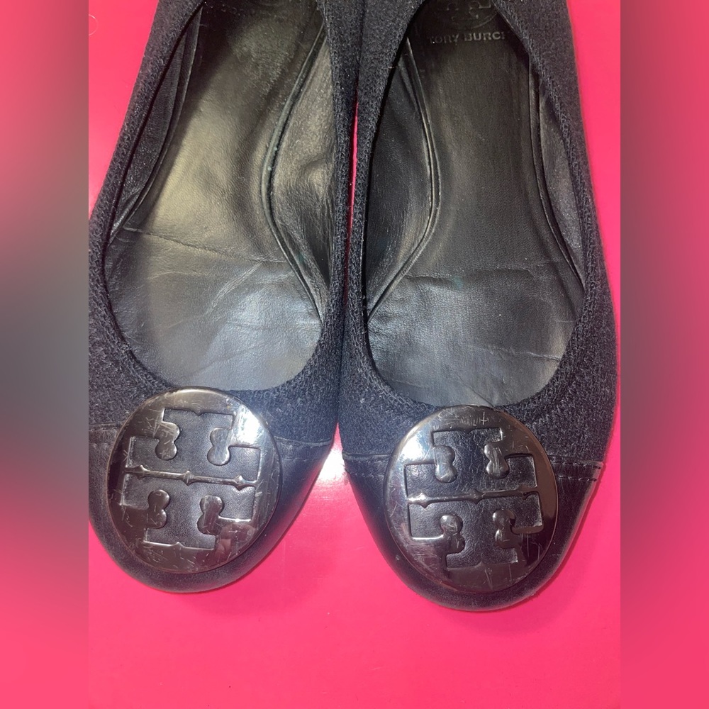 Tory Burch Black Felt Womens 9.5 Ballet Flats Reva Black Leather Cap Toe